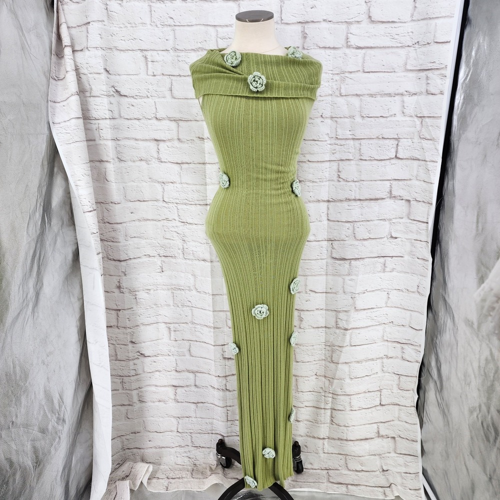Fairy Coquette Knit Maxi Dress Crochet Flowers Cowl Neck Bodycon‎ Green Small